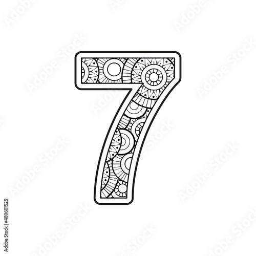 Vector Coloring page for adults. Contour black and white Number 7 on a mandala background