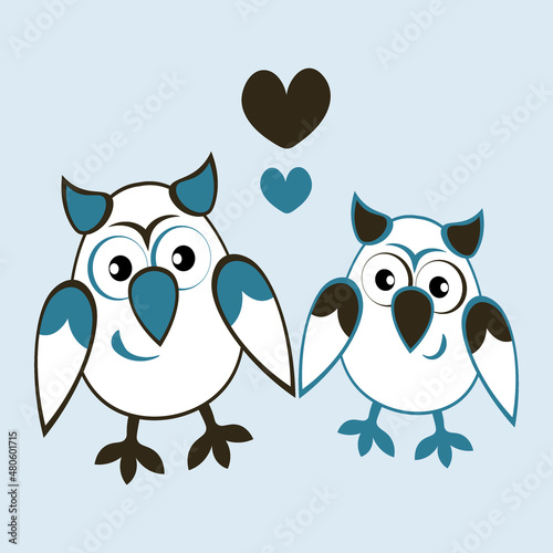 two owls in love with hearts. Cartoon birds. Pastiche. Children drawing