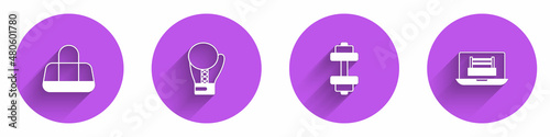 Set Sport bag, Boxing glove, Dumbbell and ring icon with long shadow. Vector