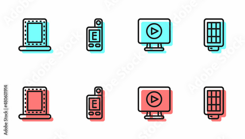 Set line Online play video, Makeup mirror with lights, Light meter and Softbox icon. Vector