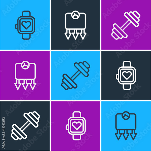 Set line Smart watch, Dumbbell and Weight loss icon. Vector