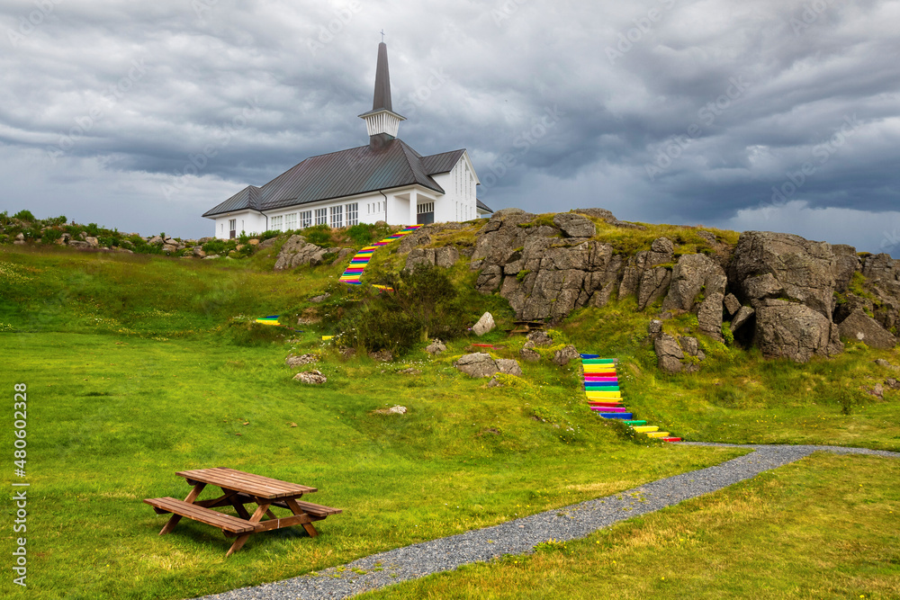 Obraz na płótnie Rainbow staircase leading to Hólmavík Church (Hólmavíkurkirkja) supporting equal rights for LGBT people community. Holmavik, Iceland w salonie