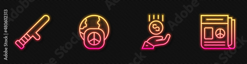 Set line Coins on hand - minimal wage, Police rubber baton, International day of peace and News. Glowing neon icon. Vector