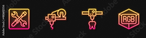 Set line 3D printer tooth, setting, and RGB and CMYK color mixing. Glowing neon icon. Vector