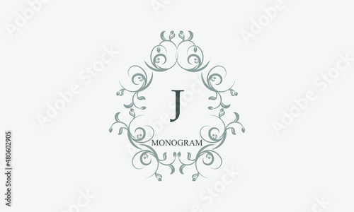 Decorative monogram with the initials J. Logo template with exquisite elements and floral ornaments for restaurants, clubs, boutiques, cafes, hotel cards. Business style and brand of the company.