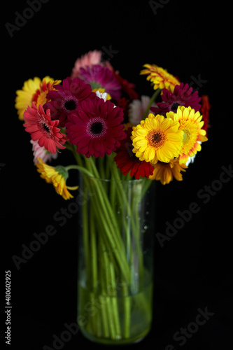 8 march, valentine's day or International women's day concept. Beautiful bouquet of yellow red and pink flowers in glass vase isolated on black background. Florist or botanical theme