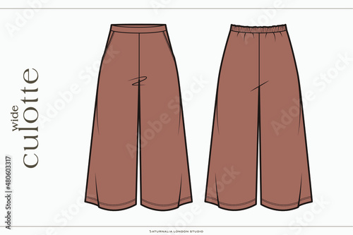 Wide Culotte Trouser Technical Fashion Illustration. Wide Elastic Waistband and Pockets. Front and Back View