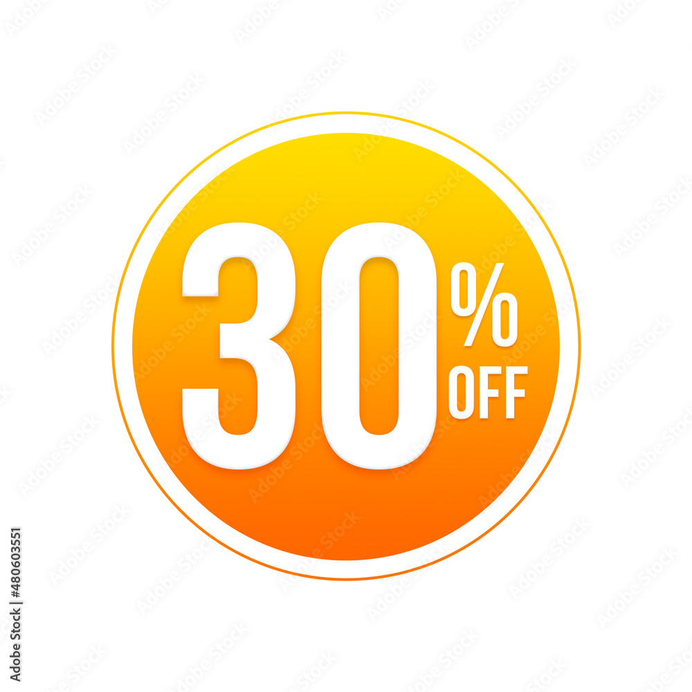 30% off. Thirty percent discount banner over circle with orange gradient with yellow 30% off. Thirty percent discount banner over circle with orange gradient with yellow