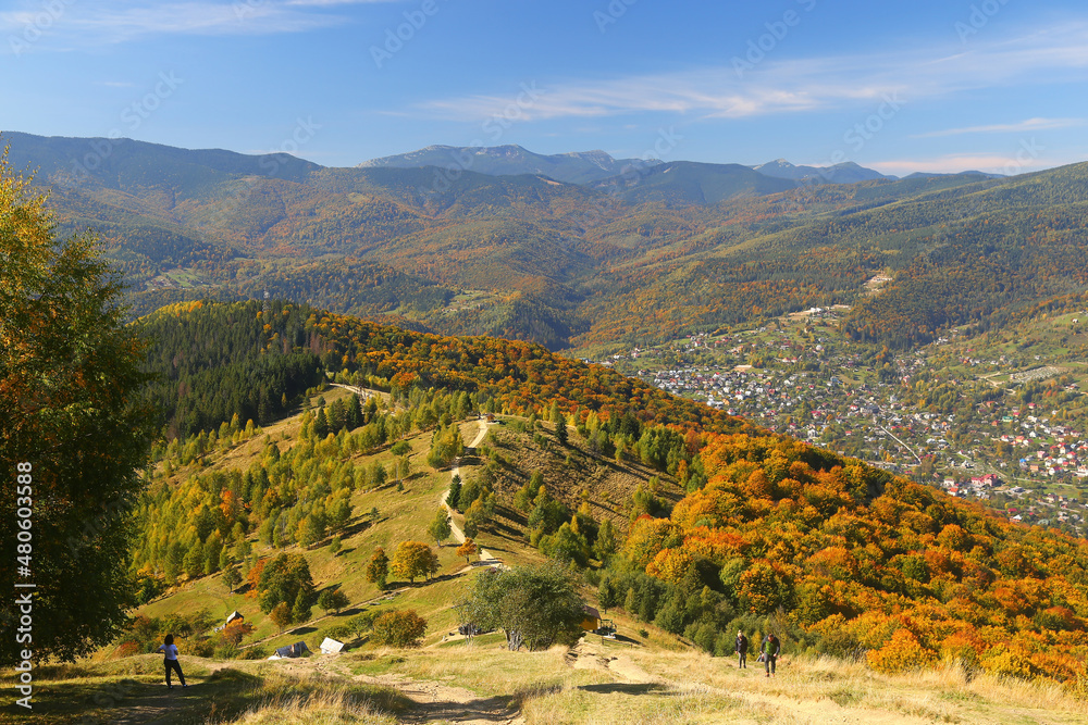 Makovytsia Mountain Trail. Carpathians. Ukraine. Colorful autumn in the Carpathian mountains.