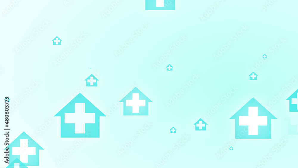 Fototapeta premium Medical health blue green cross on home pattern background. Abstract banners with prevent virus infection and healthcare stay home concept.