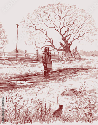 Hand drawing of  spring village landscape with  elderly peasant woman,kitten and trees on farm field by fence
