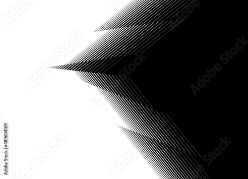 
Smooth striped transition from black to white from thin straight broken lines. Abstract shards. Trendy vector background.