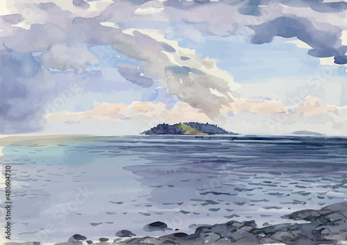Fototapeta Naklejka Na Ścianę i Meble -  Watercolor vector drawing of seascape with  island on horizon on cloudy day
