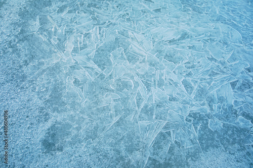 Ice texture background. Frost, ice surface. Close up of decorative winter frozen pattern. Top view.