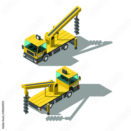 Abstract Isometric 3D Drilling Rig Car Transport Working Technique Machine Vector Design Style