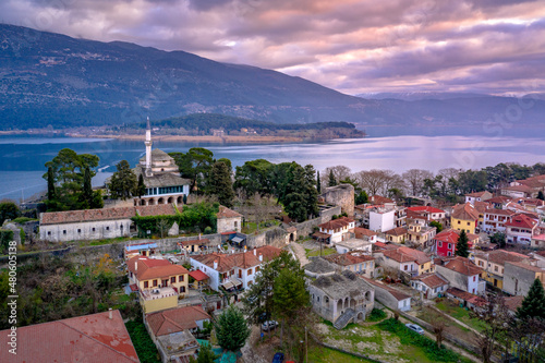 Aerial view of Ioannina city in Greece, Aslan Pasha Tzami, the lake with the island of Kyra Frosini or nissaki. photo