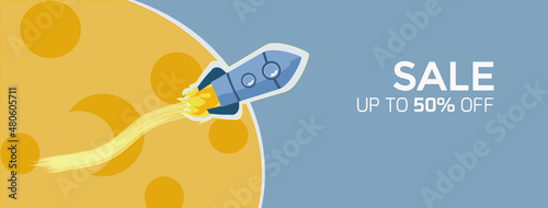 banner with a space rocket taking off from the surface of the yellow moon, empty space for text