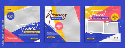 Summer holiday travel sale business marketing social media banner post template design with abstract graphic background, logo and icon. Beach tour & travelling online promotion web poster & flyer.   