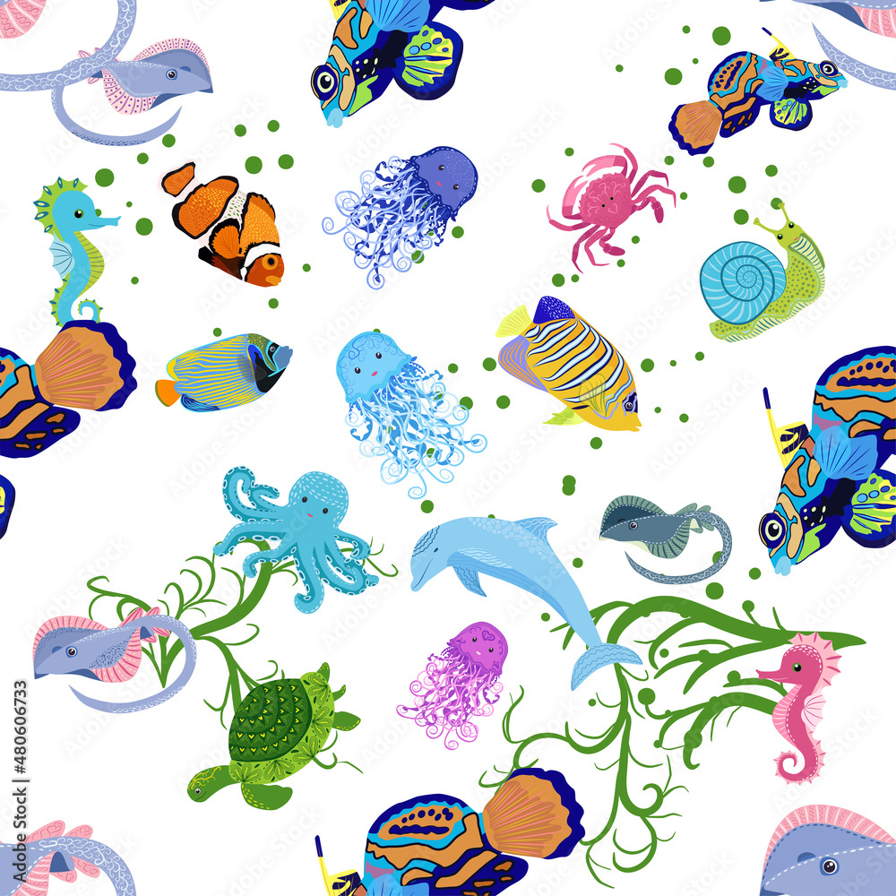 Fototapeta premium Marine life, fish, animals bright seamless pattern. sea travel, underwater diving animal tropical fish. Jellyfish, whale, shark, seahorse, clown fish, dolphin, turtle, emperor
