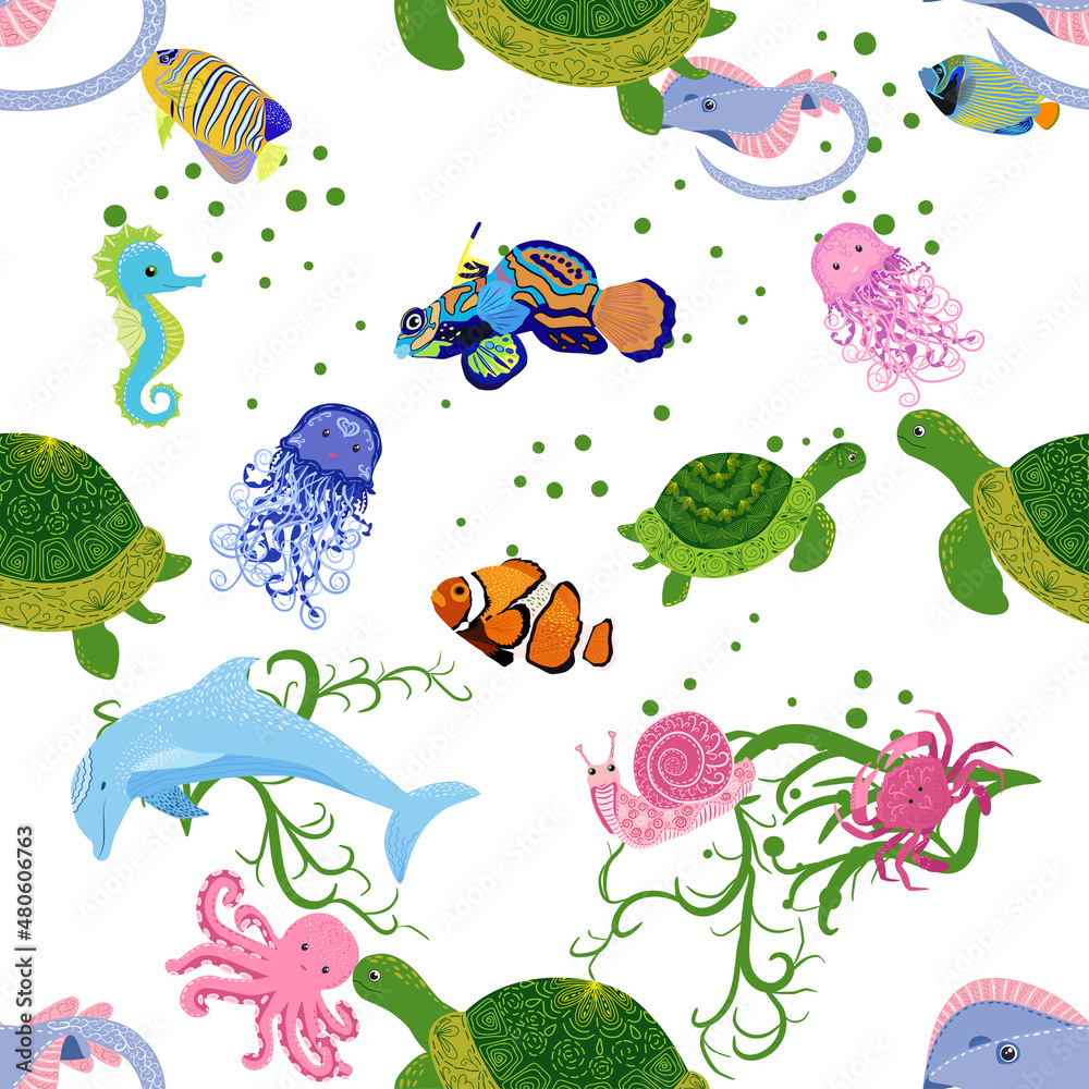 Fototapeta premium Marine life, fish, animals bright seamless pattern. sea travel, underwater diving animal tropical fish. Jellyfish, whale, shark, seahorse, clown fish, dolphin, turtle, emperor