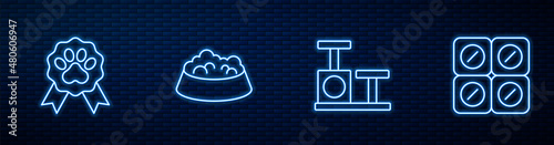 Set line Cat scratching post with toy, Pet award symbol, food bowl for cat or dog and Dog pill. Glowing neon icon on brick wall. Vector