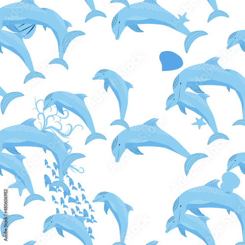 Dolphin, sea inhabitants seamless pattern, beautiful character among seashells, algae, starfish, marine wildlife