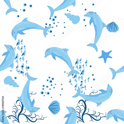 Dolphin, sea inhabitants seamless pattern, beautiful character among seashells, algae, starfish, marine wildlife