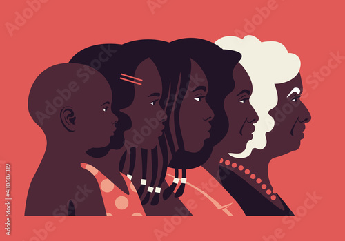 Ageing process. The head of an African woman of different ages in profile. The child and adult face side view. Childhood, youth and old age. Family. Vector flat illustration