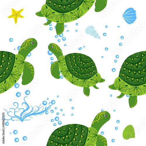 Turtle green seamless pattern, beautiful character among seashells, seaweed, starfish, sea animals wildlife nature. Nature underwater, marine wild fish in the ocean zoo.