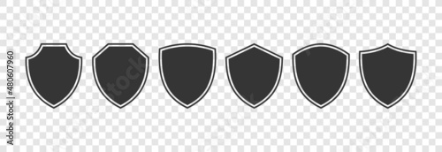 Set of blank shield icon template on transparent background isolated, shields border frame vintage style, shields protection template black color