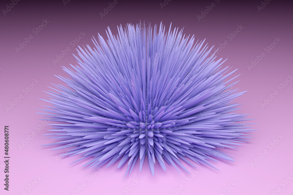 A bud of a blue fluffy flower on a pink background. 3D render.