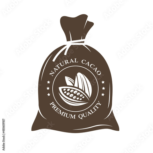 illustration of knotted sack with cacao beans isolated on white background