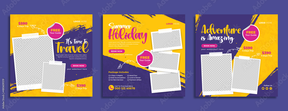 Travel sale social media banner post template design with agency logo, icon and abstract background for travelling business marketing. Summer beach holiday online promotion poster. Traveling flyer     - obrazy, fototapety, plakaty 