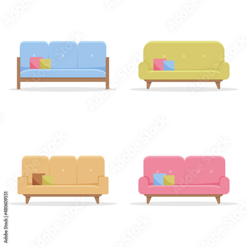 Set of modern comfortable sofas with cushions. Collection of stylish couches for living room. Cozy interior relaxing furniture. Colourful isolated vector illustration in flat style.