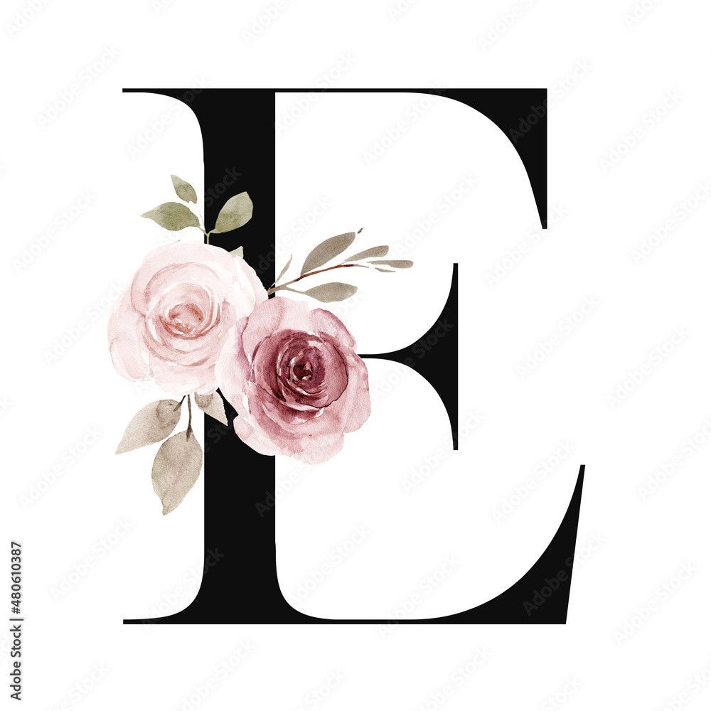 Floral alphabet, letter e with watercolor flowers and leaf. Monogram