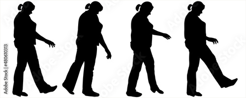 Women walk one after another in one line. Girl walks. Woman on the move. Side view, profile. Four black female silhouettes isolated on white background. Silhouettes for staged animation of movement.