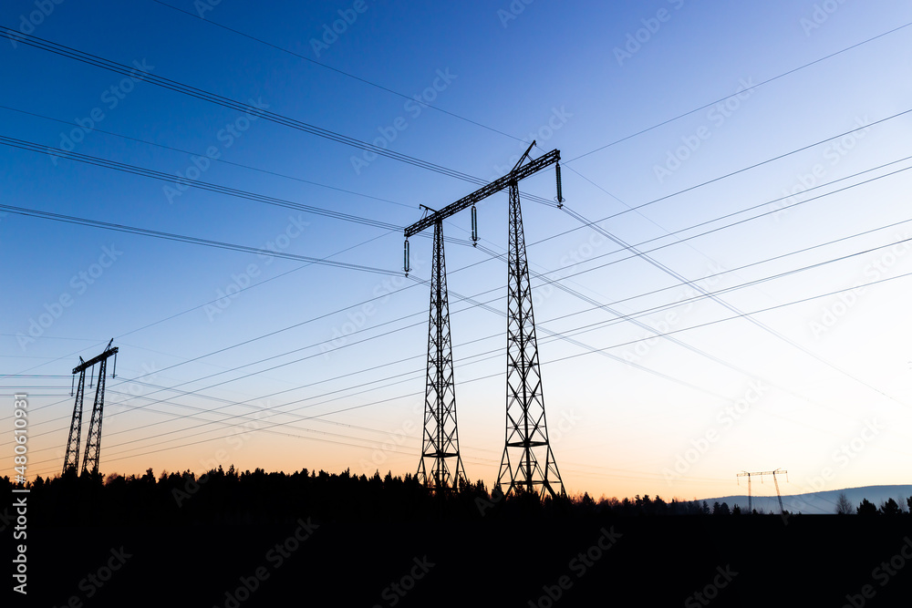 Fototapeta premium Power lines against the background of a evening sky above black silhouette forest. Air acrossing and perspective of electrical wires of power transmission lines. Corridor of power lines