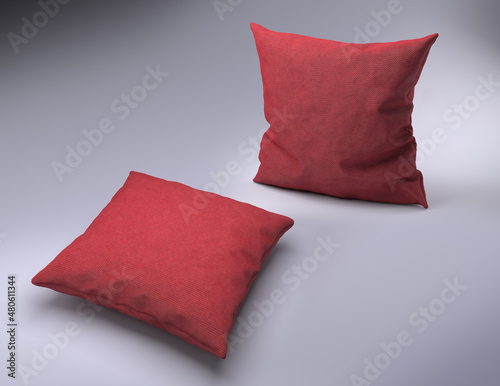 Two red fabric pillows. 3D Illustration.