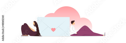 The guy and the girl are sitting on the floor near the envelope and the clouds. Illustration of a misunderstanding between lovers. 