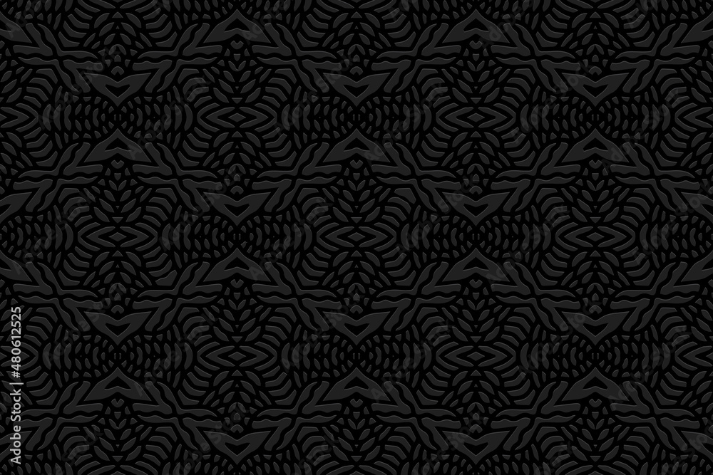 Embossed black background, vintage cover design, shaped art deco style. Geometric monochrome 3D pattern, hand drawn style. Ethnic creativity of the peoples of the East, Asia, India, Mexico, Aztecs.