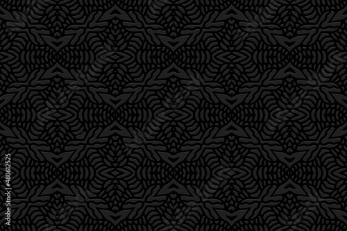 Embossed black background, vintage cover design, shaped art deco style. Geometric monochrome 3D pattern, hand drawn style. Ethnic creativity of the peoples of the East, Asia, India, Mexico, Aztecs.