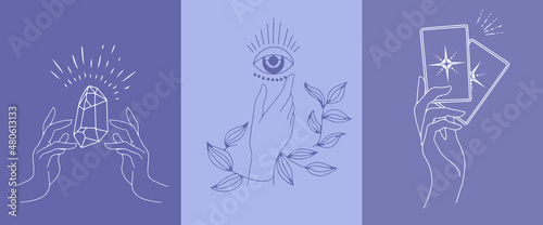 A set in very peri color of female hand emblems in a minimalistic linear style. Hand gestures holding mystical symbols.