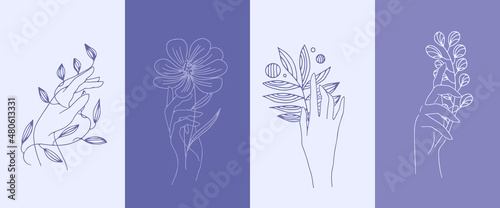 A set of female hand emblems in a minimalistic linear style. Set in very peri color. Gestures of hands holding a branch with leaves. For cosmetics design, beauty studio