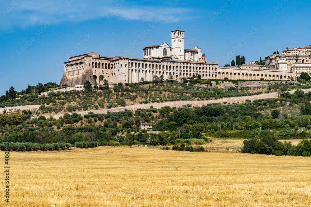 View of Assisi and the Basilica of Saint Francis of Assisi complex. Assisi is one of the most important places of Christian pilgrimage in Italy