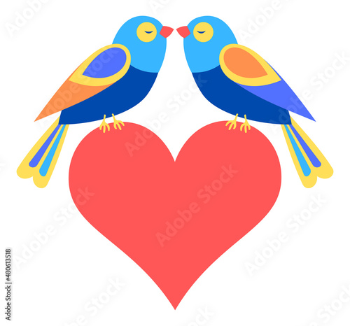 Couple of birds in love with red heart in their paws. Happy Valentine's Day Greeting Card. Romantic multicolored lovebirds isolated in white background.