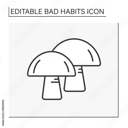 Drug line icon. Hallucinogenic mushroom. Unhealthy addiction. Narcotic.Bad habits concept. Isolated vector illustration. Editable stroke