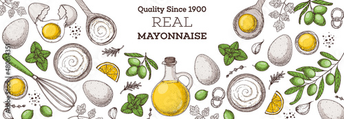 Mayonnaise sauce cooking and ingredients, hand drawn vector illustration. Homemade mayonnaise sauce, design elements. Hand drawn, package design.