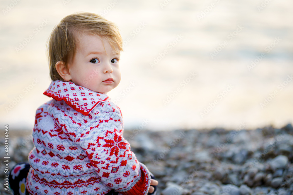 A cute baby girl on a beautiful sweater on the shore of the winter sea turned into the camera with cute eyes and looks. Beautiful child in nature. A toddler sits on a stone beach A cute baby girl on a beautiful sweater on the shore of the winter sea turned into the camera with cute eyes and looks. Beautiful child in nature. A toddler sits on a stone beach