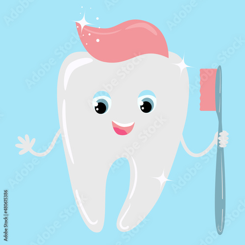 Cute happy smiling tooth with toothbrush and toothpaste hairstyle. Vector illustration of cartoon character in modern flat style.