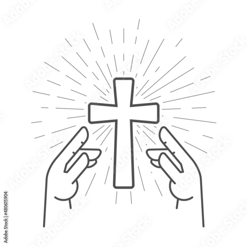 Shining Crucifix and prayer hands, Christian pray for grace, Jesus Christ holy cross worship, vector